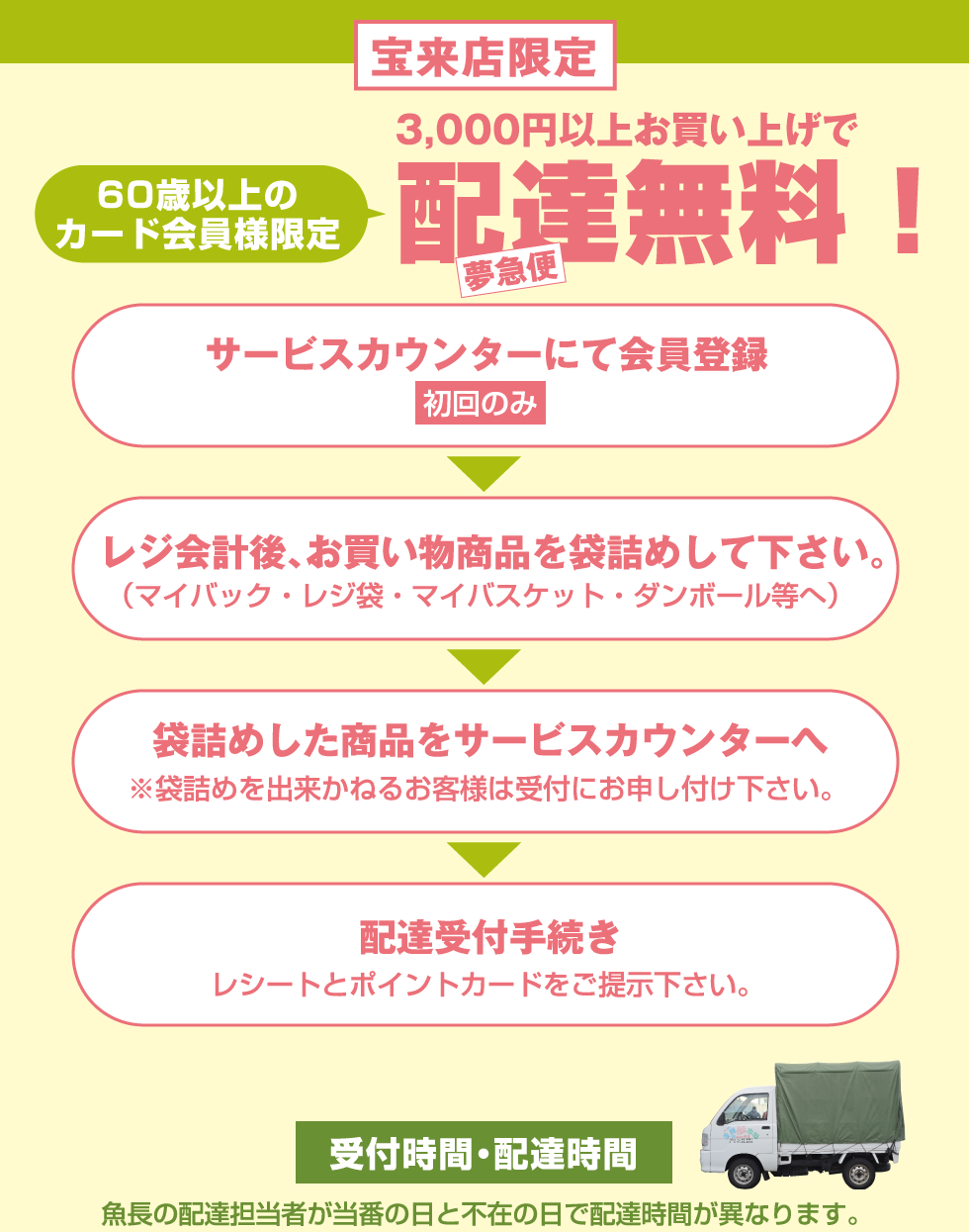 宝来店限定 3,000円以上お買い上げで 配達無料！